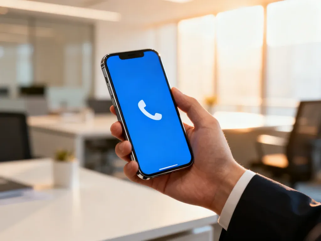 Osoba trzymająca nowoczesny smartfon z ikoną telefonu, symbolizująca szybki i profesjonalny kontakt z infolinią PGNiG.