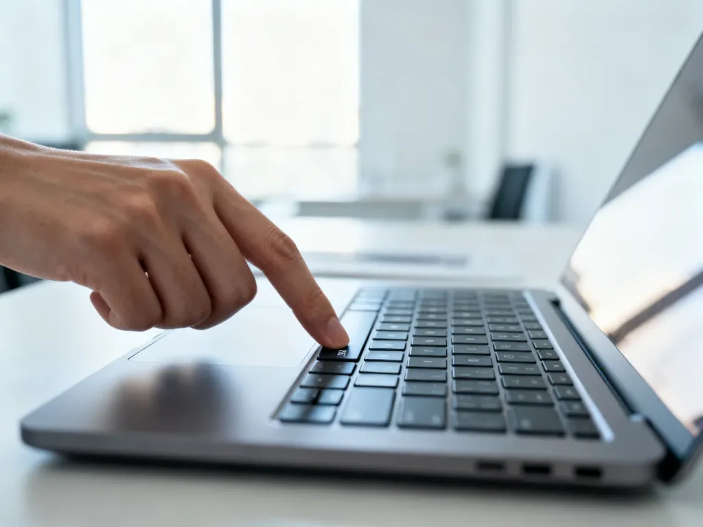 Dłoń naciskająca klawisz Enter na nowoczesnym laptopie w jasnym, biurowym wnętrzu, symbolizująca logowanie do systemu.