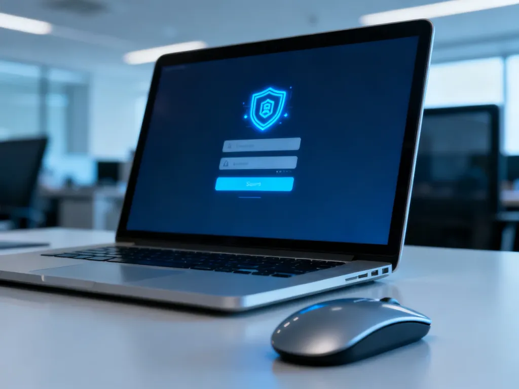 Ekran laptopa z interfejsem logowania w nowoczesnym biurze, symbolizujący bezpieczny dostęp do systemu KGHM Extranet.
