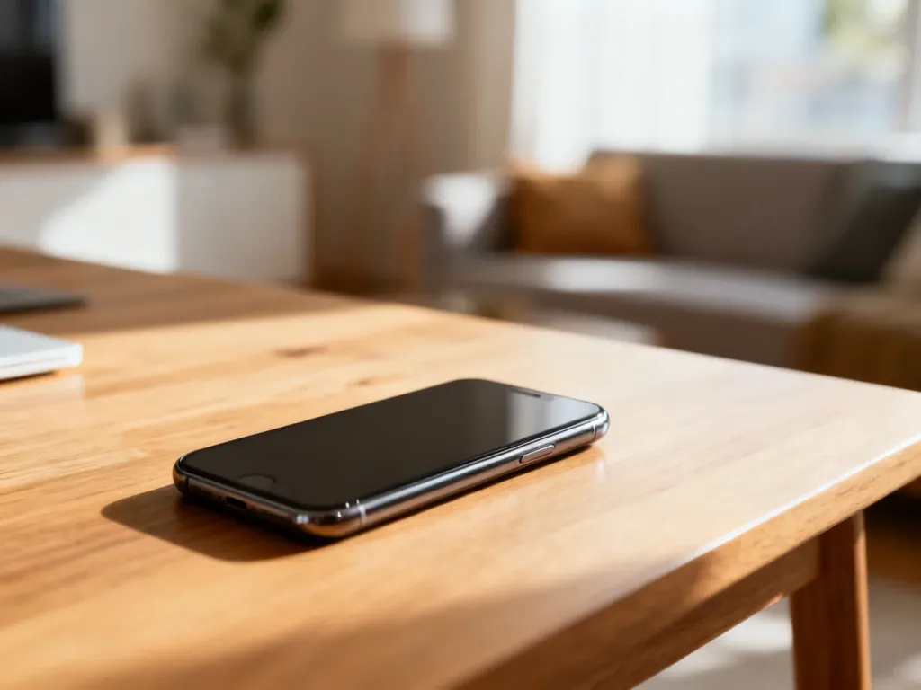Nowoczesny smartfon na drewnianym biurku, symbolizujący łatwy kontakt z obsługą klienta Polsat Box.