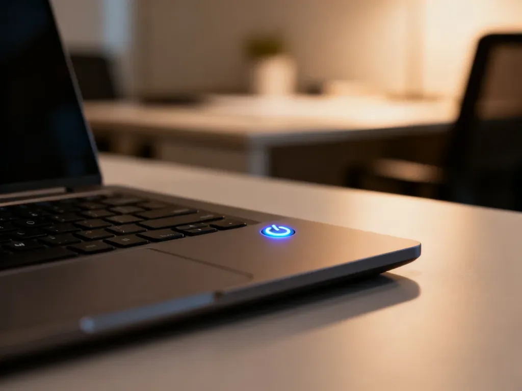Nowoczesny laptop z podświetlanym przyciskiem zasilania w profesjonalnym biurze, symbolizujący dostęp do systemu Teta ME.