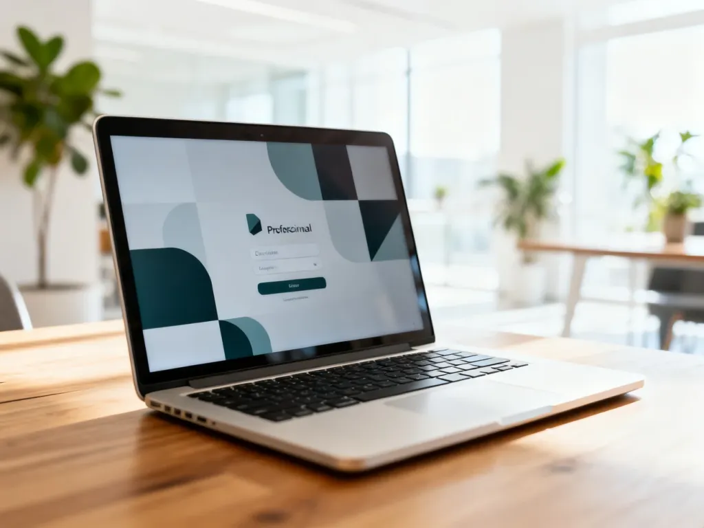 Ekran laptopa z profesjonalnym panelem logowania na drewnianym biurku w nowoczesnym biurze.