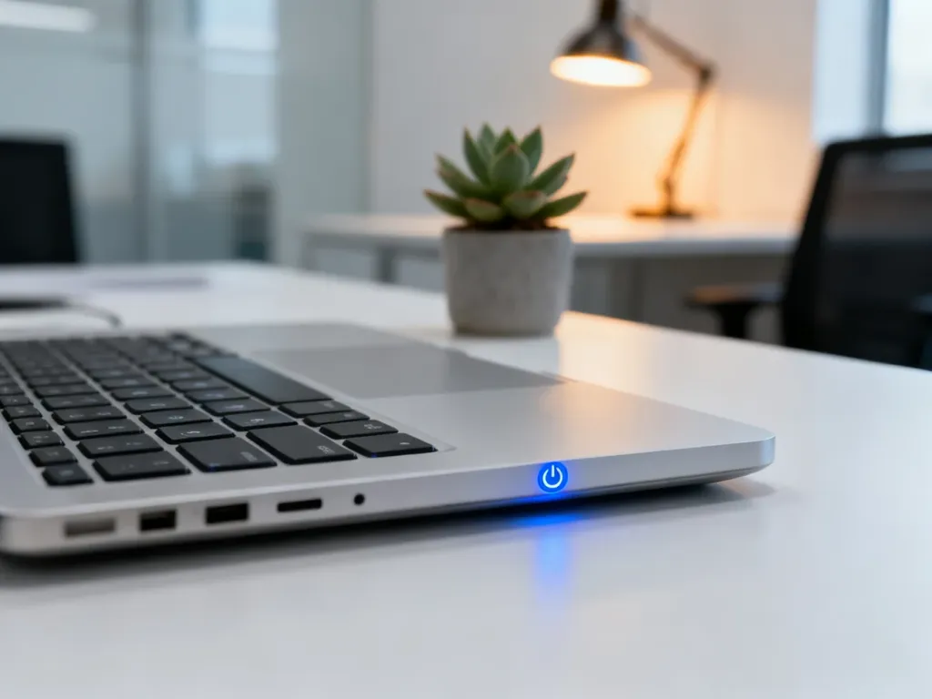 Srebrna klawiatura laptopa z podświetlanym przyciskiem zasilania, symbolizująca bezpieczny dostęp do panelu logowania.