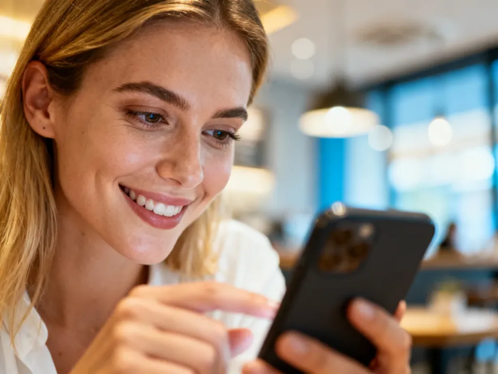 Kobieta z uśmiechem korzystająca ze smartfona w przytulnej kawiarni, co ilustruje bezpieczne logowanie do aplikacji Tinder.
