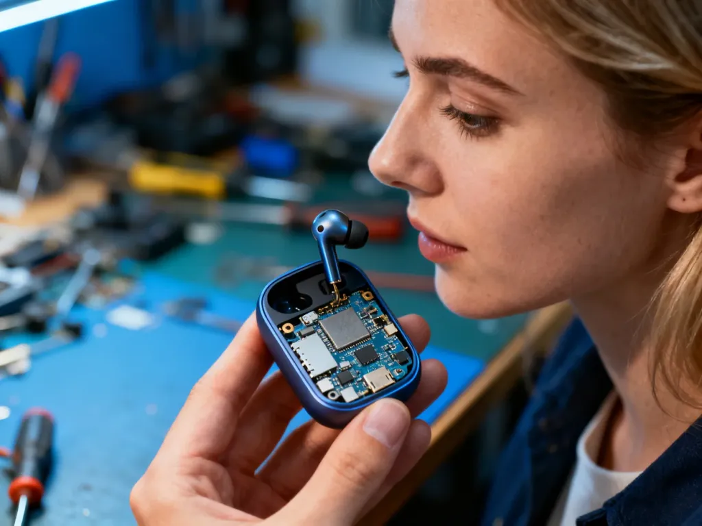 Dłoń trzymająca bezprzewodową słuchawkę z widocznymi elementami elektronicznymi na tle narzędzi naprawczych.