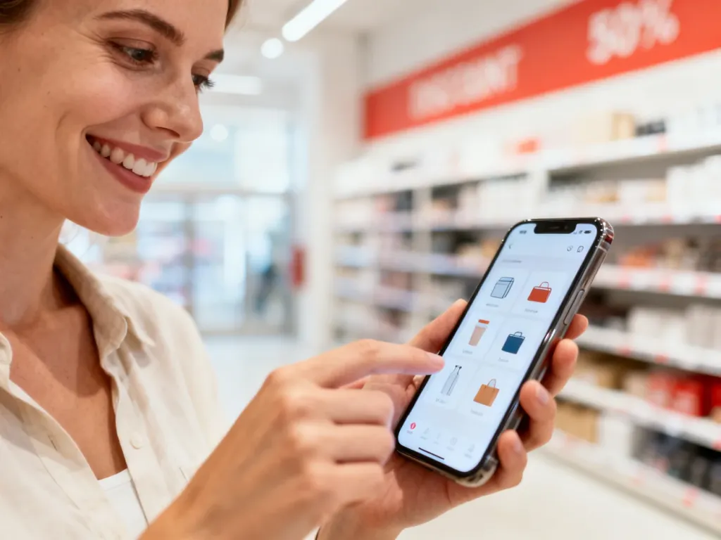 Uśmiechnięta kobieta przegląda ofertę w aplikacji mobilnej sklepu Action na ekranie smartfona.