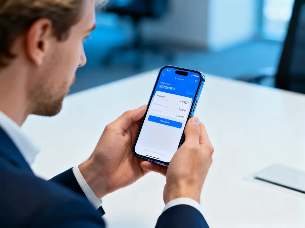 Mężczyzna dokonujący płatności online za pomocą smartfona w nowoczesnym biurze.