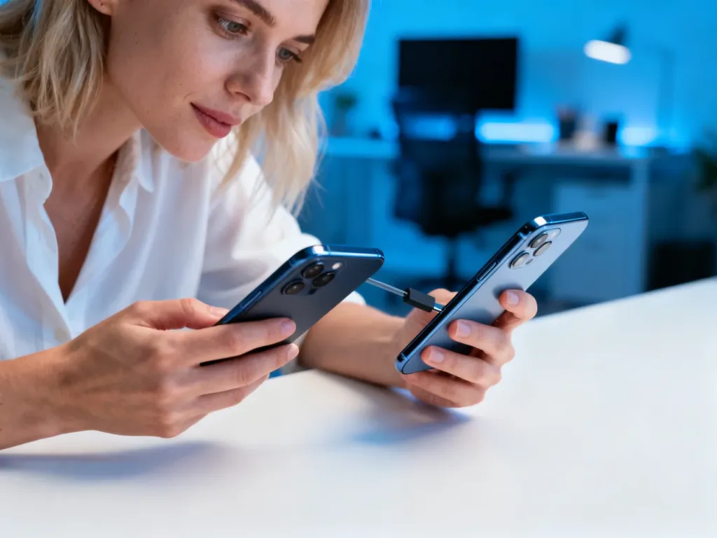 Kobieta trzymająca dwa smartfony podczas procesu przesyłania danych między urządzeniami.