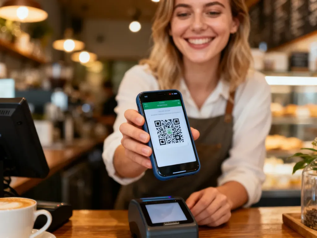 Uśmiechnięta kobieta płacąca za kawę w kawiarni przy użyciu kodu QR na smartfonie.