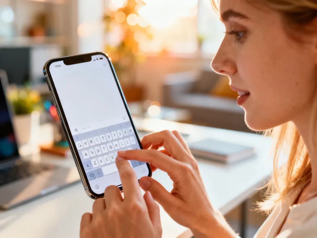 Kobieta pisząca na wirtualnej klawiaturze smartfona w jasnym biurze, prezentująca interfejs aplikacji Gboard.