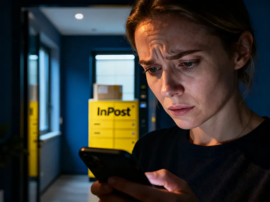 Zirytowana kobieta patrzy na ekran smartfona w ciemnym pomieszczeniu, co ilustruje problem z niedziałającą aplikacją InPost.