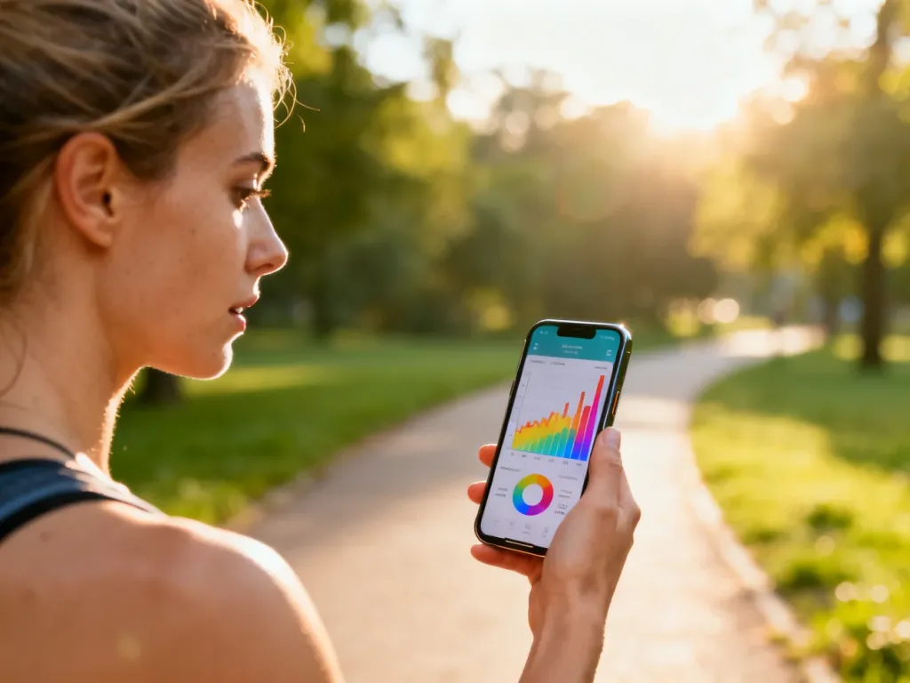 Kobieta trzymająca smartfon z wykresem aktywności fizycznej na tle słonecznego parku.