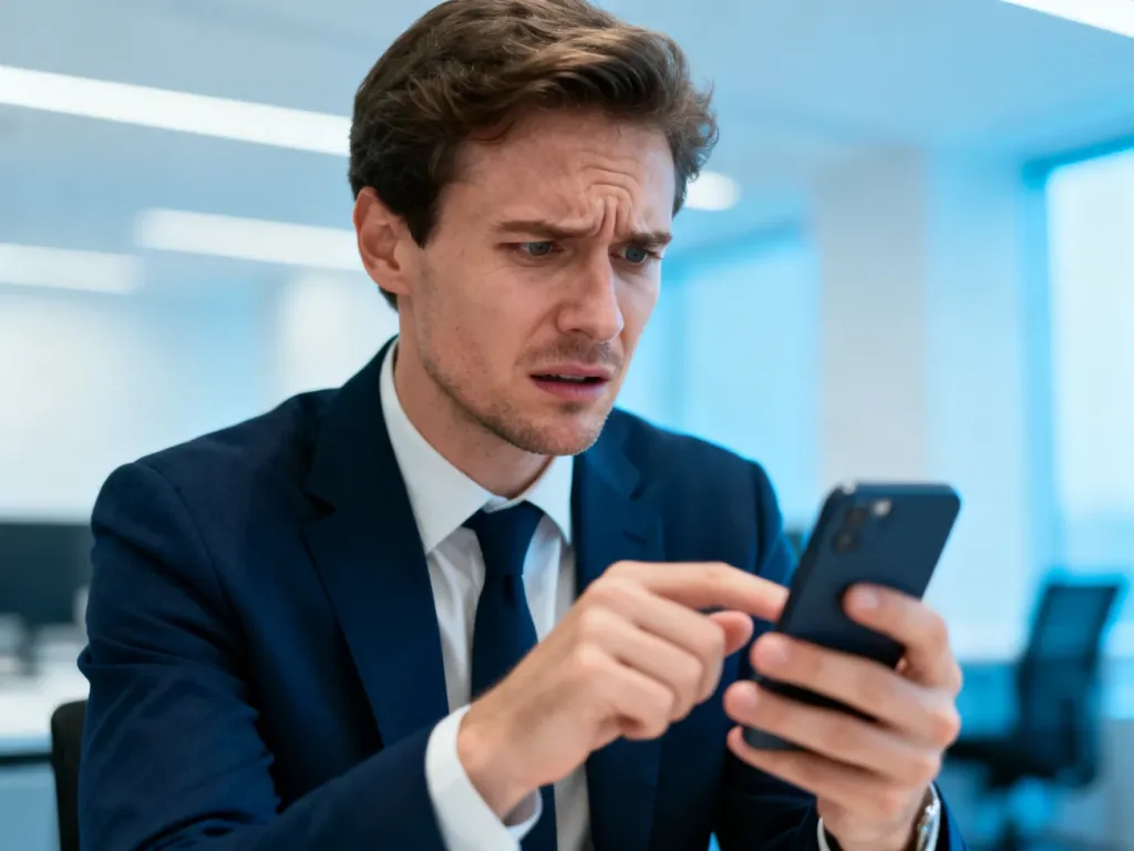 Zaniepokojony mężczyzna patrzący na smartfon z wyrazem frustracji w nowoczesnym biurze.