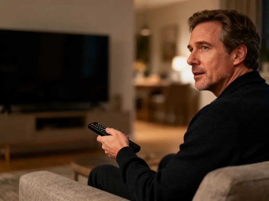 Zirytowany mężczyzna siedzący na kanapie przed wyłączonym telewizorem, próbujący rozwiązać problem z niedziałającym Netflixem.