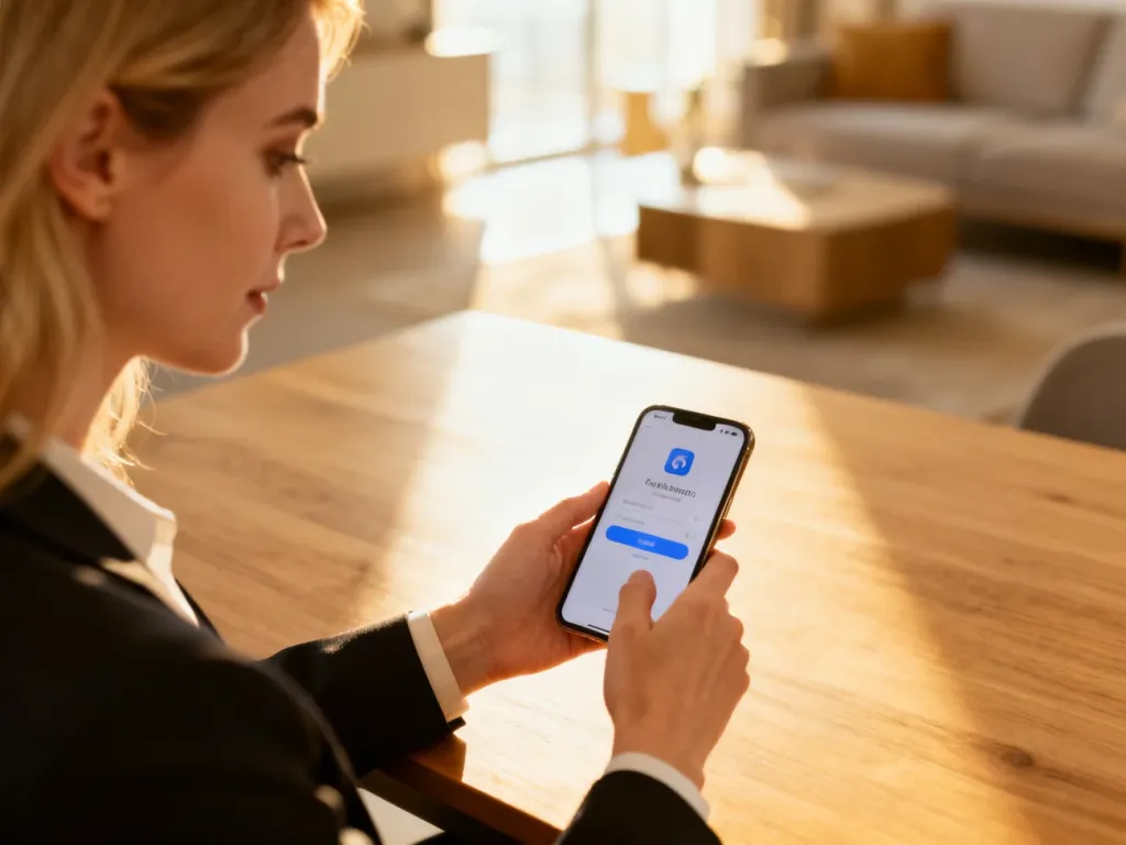 Kobieta korzystająca ze smartfona przy biurku, logująca się do aplikacji mobilnej w przytulnym, domowym wnętrzu.