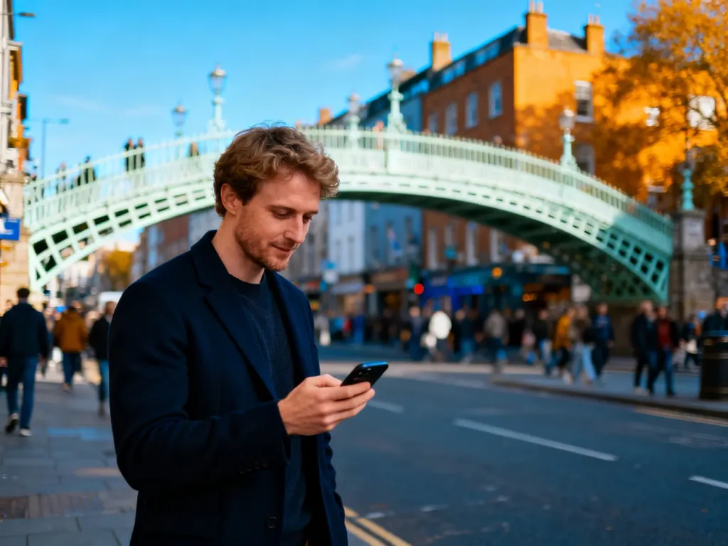 Mężczyzna trzymający smartfon na tle mostu Ha'penny w Dublinie, ilustrujący wyszukiwanie lokalnych aplikacji w mieście.