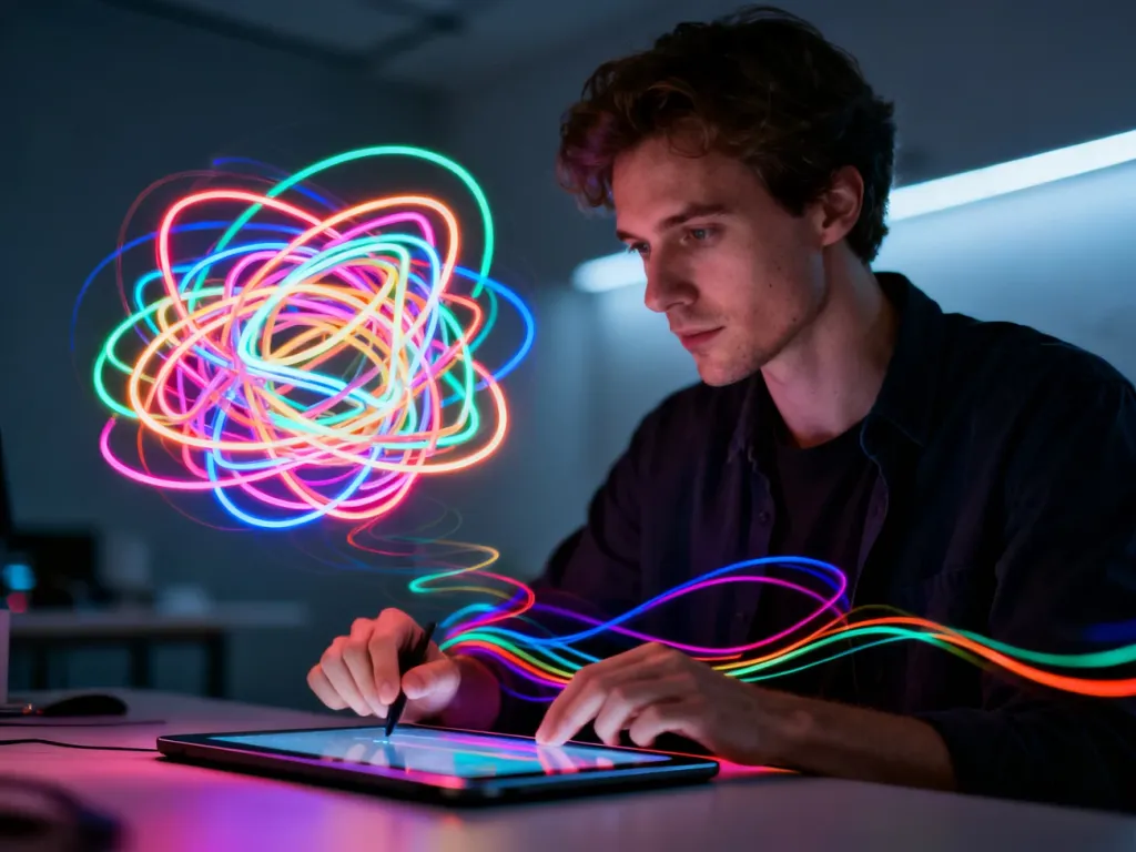 Artysta tworzący trójwymiarowe, neonowe rysunki w przestrzeni przy użyciu tabletu w nowoczesnym studiu.