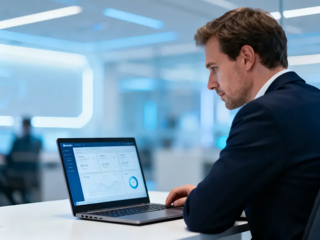 Mężczyzna pracujący przy laptopie z nowoczesnym interfejsem systemu zarządzania flotą w biurowym otoczeniu.