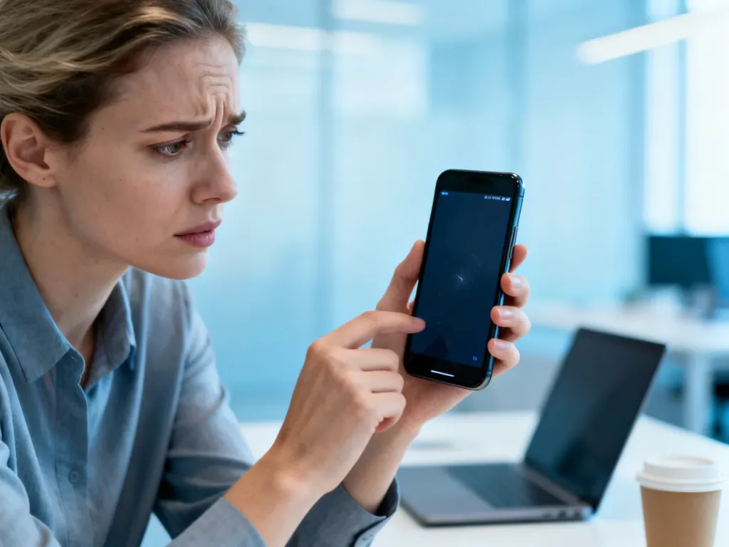 Zaniepokojona kobieta patrząca na zawieszony ekran smartfona w biurze, ilustrująca problemy z działaniem aplikacji mobilnej.