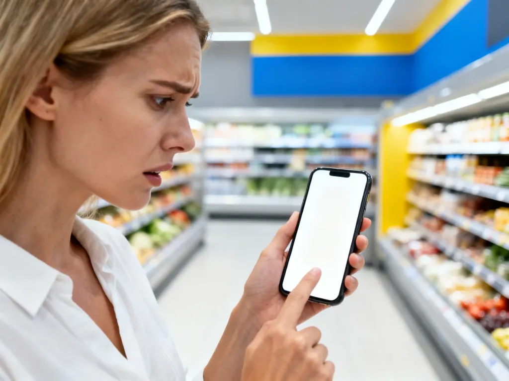 Zirytowana kobieta z telefonem w ręku w alejce supermarketu, ilustrująca problem z działaniem aplikacji Lidl Plus.