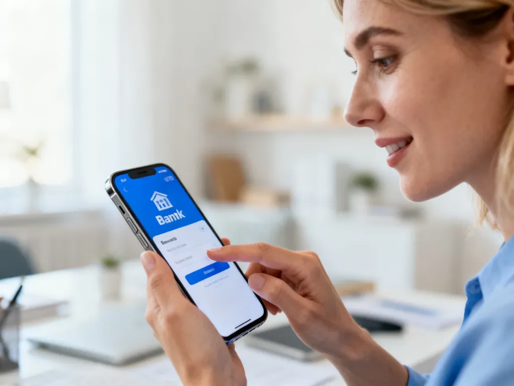 Kobieta loguje się do aplikacji bankowej PeoPay na smartfonie w przytulnym domowym biurze.