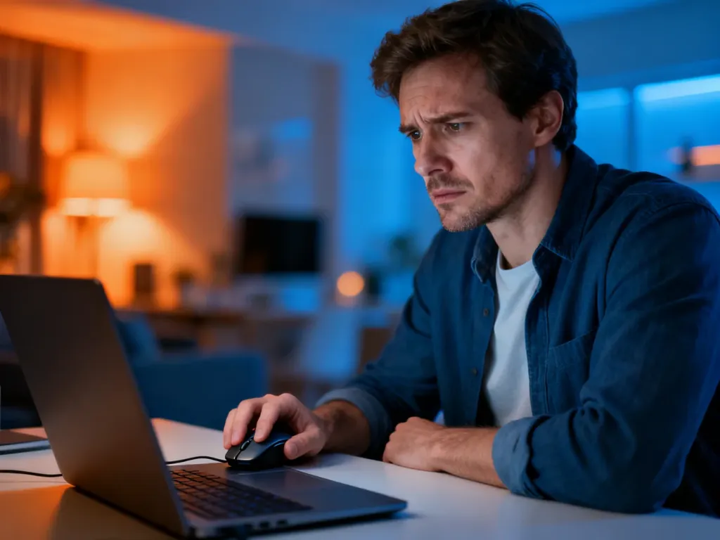 Zirytowany mężczyzna siedzący przy laptopie z niedziałającą myszką komputerową w domowym biurze.