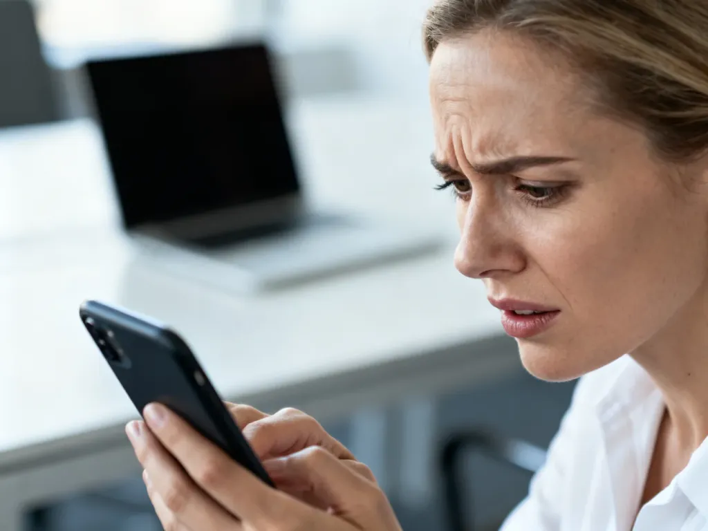 Kobieta z wyrazem frustracji patrząca na ekran smartfona, co ilustruje problemy z działaniem autokorekty.