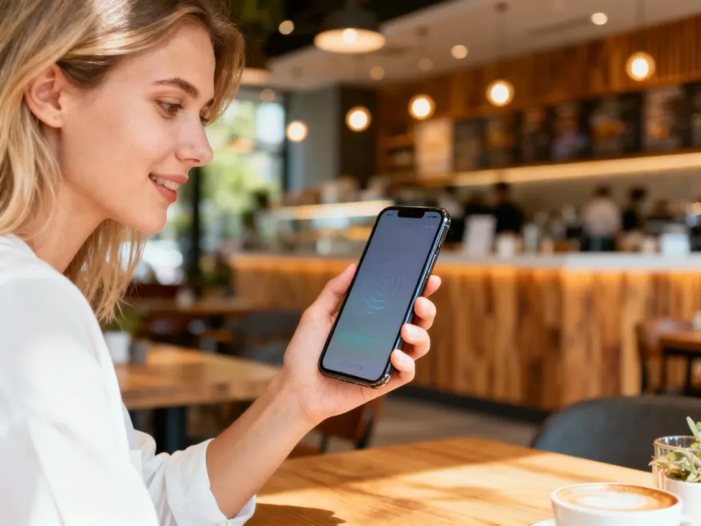 Kobieta korzystająca z aplikacji McDonald's na smartfonie w przytulnej kawiarni.