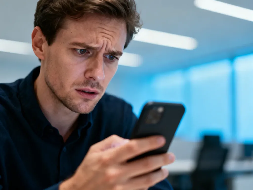 Zirytowany mężczyzna patrzący na ekran smartfona, ilustrujący problemy z działaniem aplikacji mObywatel.