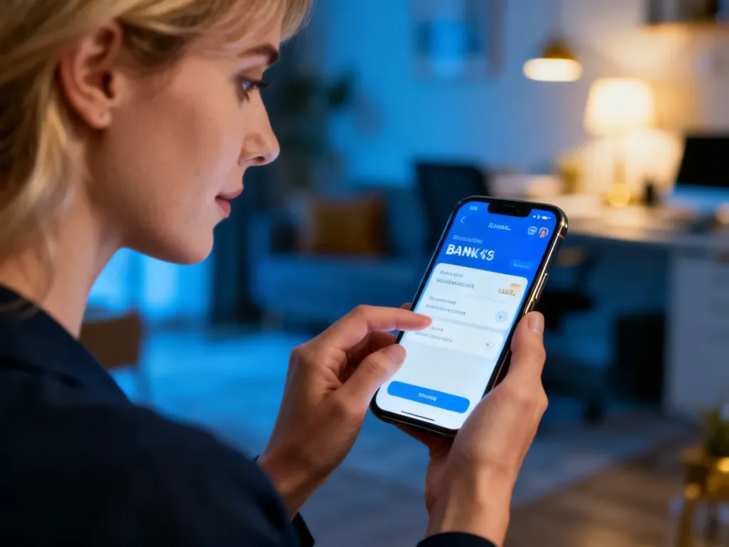 Kobieta korzystająca ze smartfona w domowym biurze, zarządzająca ustawieniami konta bankowego w aplikacji mobilnej.
