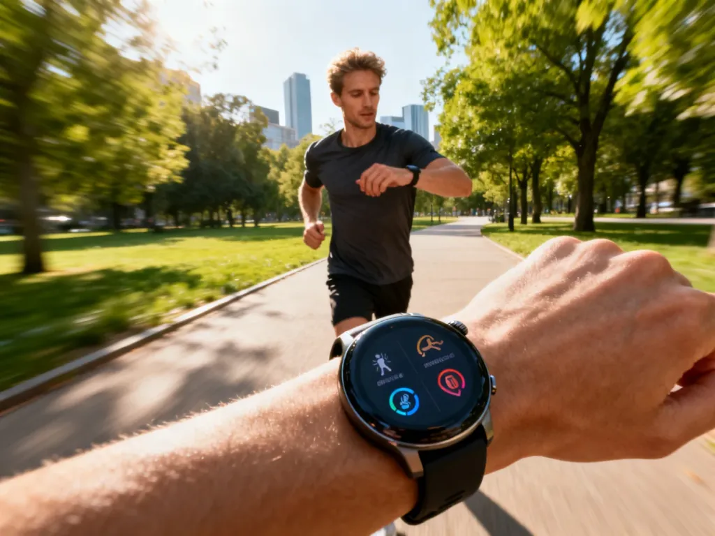 Mężczyzna sprawdzający statystyki treningowe na smartwatchu podczas porannego joggingu w parku.