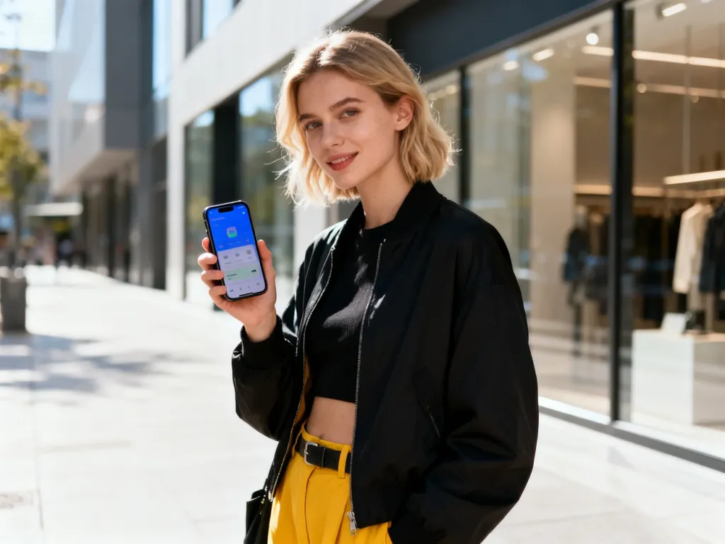 Stylowa kobieta w modnym ubraniu trzyma smartfon z otwartą aplikacją Cropp na tle nowoczesnej miejskiej architektury.