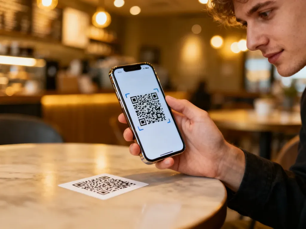Osoba trzymająca smartfon w celu zeskanowania kodu QR umieszczonego na stoliku w przytulnej kawiarni.