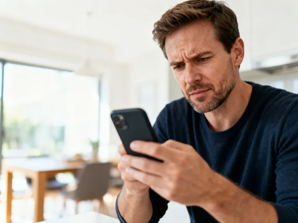 Zirytowany mężczyzna patrzący na ekran smartfona w kuchni, co ilustruje problem z działaniem aplikacji mobilnej.