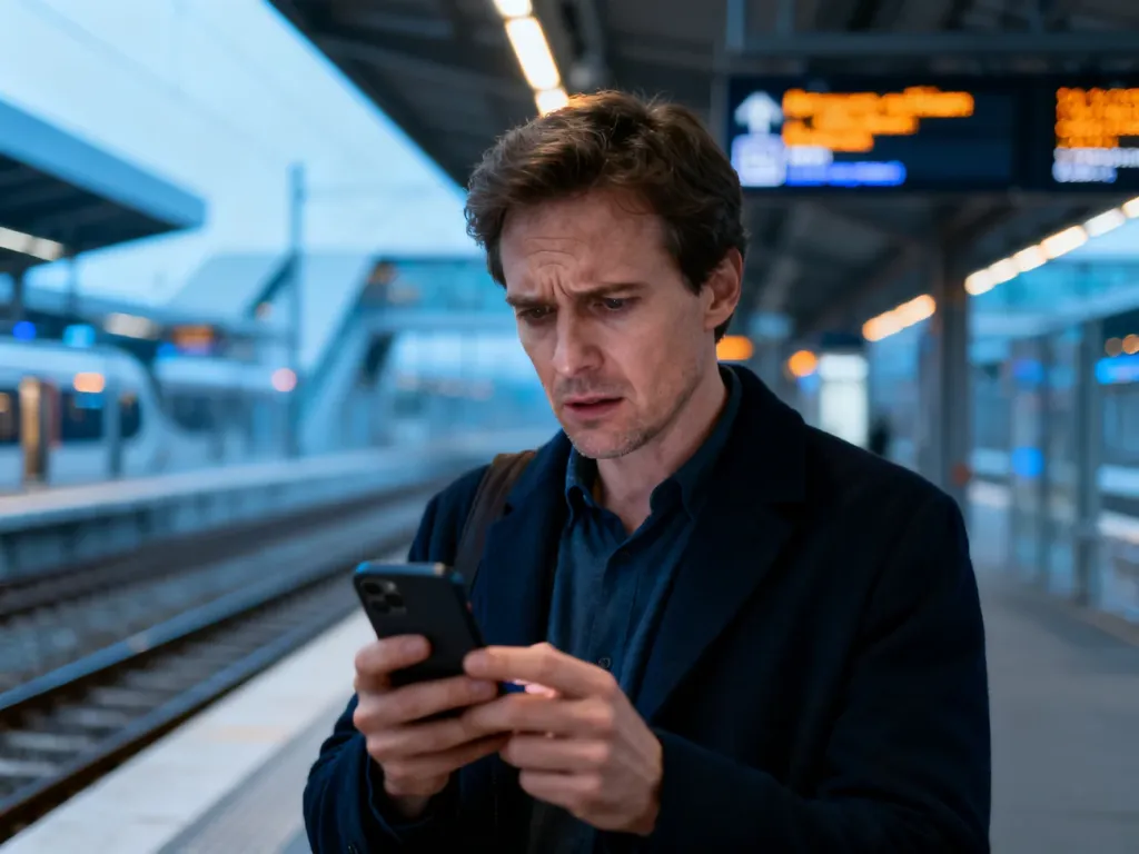 Zdezorientowany pasażer na peronie kolejowym patrzy na ekran smartfona, próbując rozwiązać problem z niedziałającą aplikacją.