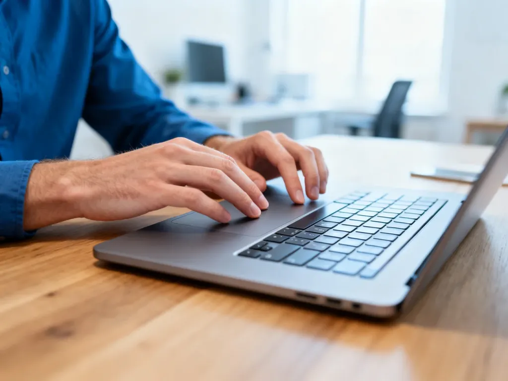 Dłonie mężczyzny korzystające z gładzika nowoczesnego laptopa na drewnianym biurku.