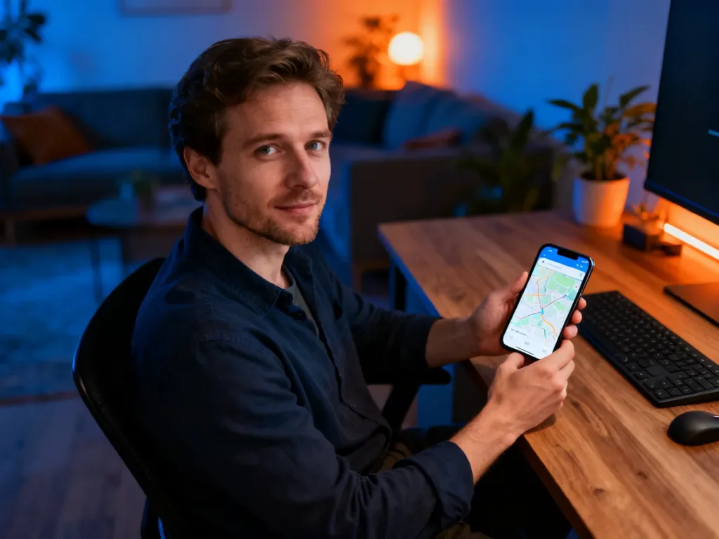 Mężczyzna trzymający smartfon z widoczną mapą w przytulnym, nowoczesnym wnętrzu, ilustrujący działanie aplikacji.